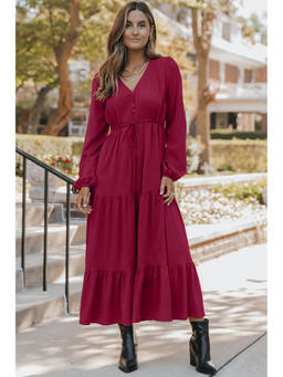 Errabelly - Burgundy Solid Polyester Fitted Dress