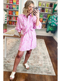 Errabelly - Pink Animal Print Cotton Relaxed Dress with Belt