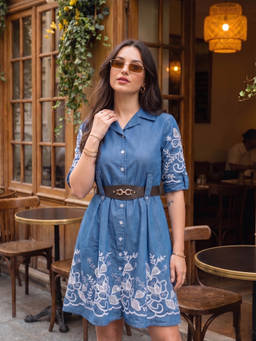 ZUMMER - Blue Embroidered Cotton Regular Dress with Belt