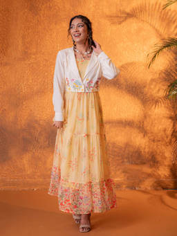 ZUMMER - Yellow Printed Georgette Regular Dress with Jacket