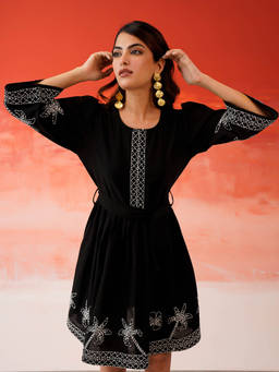 ZUMMER - Black Embroidered Cotton Regular Dress with Belt