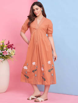 ZUMMER - Brown Embroidered Cotton Regular Dress
