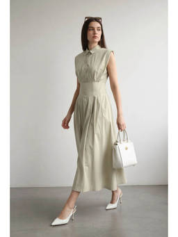 Virgio - Beige Solid Cotton Flared Dress