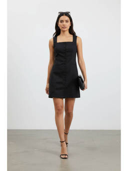 Virgio - Black Solid Cotton Straight Dress