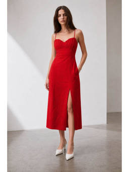 Virgio - Red Solid Cotton Fitted Dress