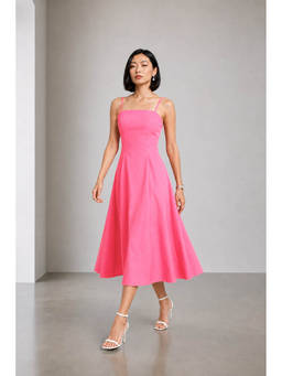 Virgio - Pink Solid Cotton Flared Dress