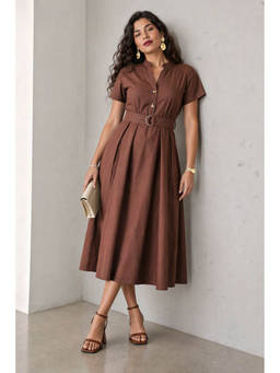 Virgio - Brown Solid Cotton Flared Dress with Belt