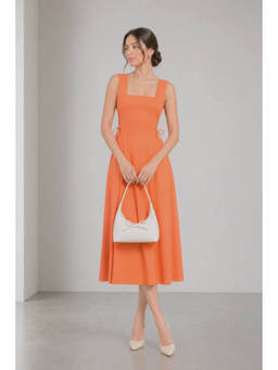 Virgio - Orange Solid Cotton Flared Dress