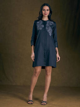 YAMINIS - Grey Embroidered Cotton Relaxed Dress