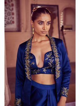 RIRASA - Blue Shoulder Straps Floral Embroidered Crop Top with Jacket (Set of 2)
