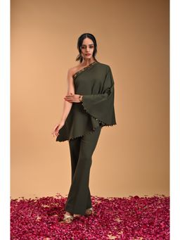 RIRASA - Green Embroidered One Shoulder Top with Pant (Set of 2)