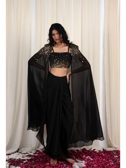 RIRASA - Black Skirt with Cape and Embroidered Blouse (Set of 3)