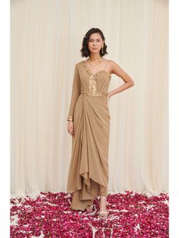 RIRASA - Beige Georgette Maxi Dress with Belt (Set of 2)