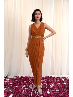 RIRASA - Mustard V Neck Sleeveless Georgette Maxi Dress with Belt (Set of 2)
