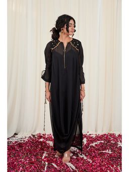 RIRASA - Black Round Neck Georgette Maxi Dress with Inner (Set of 2)