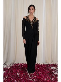 RIRASA - Black V-Neck Off-Shoulder Georgette Maxi Dress
