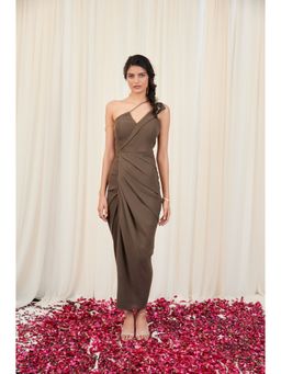 RIRASA - Brown One Shoulder Sleeveless Georgette Maxi Dress