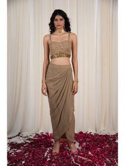 RIRASA - Beige Draped Skirt with Embroidered Cro Top (Set of 2)