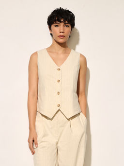 ONLY - Women Beige Stripes Tailored Fit Waistcoat