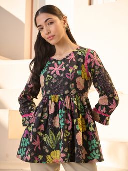 Stylum - Women Black Floral Printed Katha Cotton Empire Top