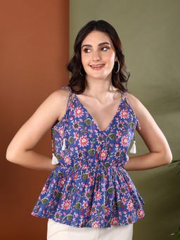 Stylum - Women Blue Floral Printed Cotton Short Peplum Top