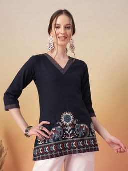 Stylum - Women Navy Blue Printed Cotton Flex Top