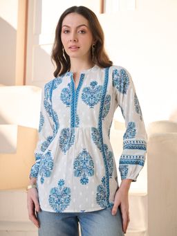 Stylum - Women White and Blue Ethnic Buta Printed Cotton Top