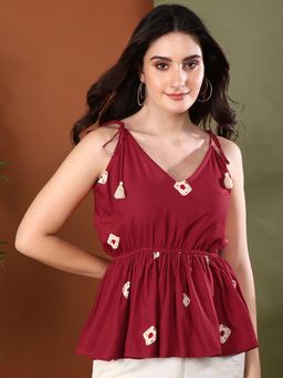 Stylum - Women Maroon Bandhej Printed Rayon Short Peplum Top