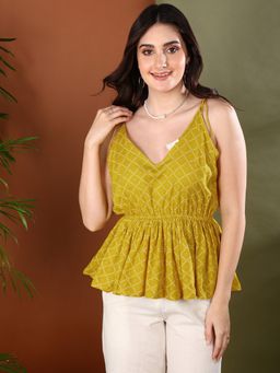 Stylum - Women Mustard Geometric Printed Rayon Short Peplum Top