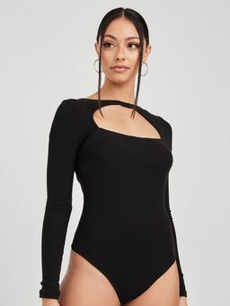 Styli - Black Cut-out Detail Long Sleeves Knit Ribbed Bodysuit