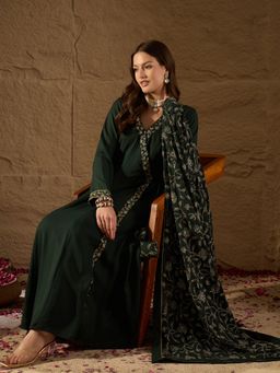 Vaamsi - Women Dark Green Georgette Angrakha Kurta Pants with Dupatta (Set of 3)