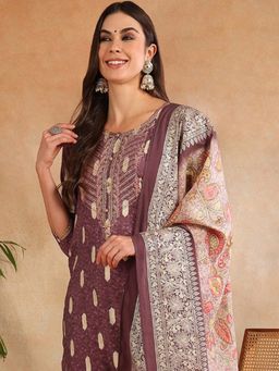 Vaamsi - Mauve Silk Blend Ethnic Motifs Embroidered Kurta Pants with Dupatta (Set of 3)
