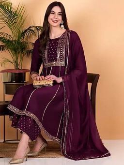 Vaamsi - Women Purple Silk Blend Solid Embroidered Anarkali Suit (Set of 3)