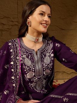 Vaamsi - Purple Silk Blend Yoke Design Zari Straight Kurta Palazzo With Dupatta (Set of 3)