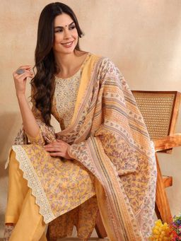 Vaamsi - Women Yellow Cotton Blend Floral Straight Kurta with Pant and Dupatta (Set of 3)