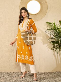 Vaamsi - Women Yellow Viscose Rayon Embroidered Straight Kurta