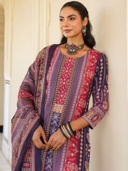 Vaamsi - Women Navy Blue Printed Kurta with Pant and Dupatta (Set of 3)