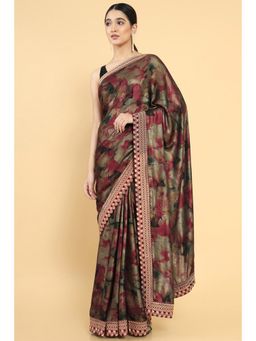 Soch - Women Maroon Georgette Floral Saree with Unstitched Blouse