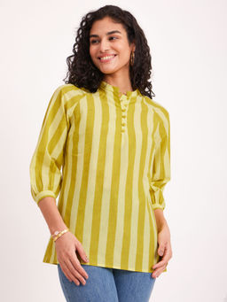 Pink Fort - Cotton Stripe Play Straight Top - Yellow