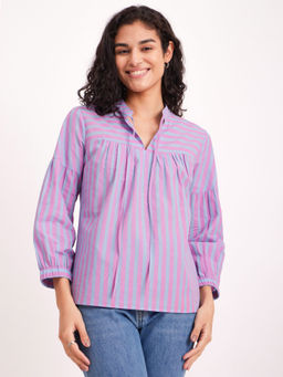 Pink Fort - Cotton Stripe Play Tie-up Top - Pink & Blue