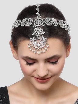 Karatcart - Oxidised Silver Kundan and Pearl Studded Floral Mathapatti for Women