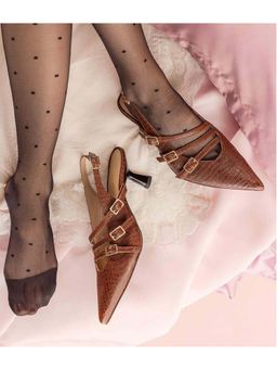 Saint G - Women Buckle Straps Brown Croc Embossed Leather Heels