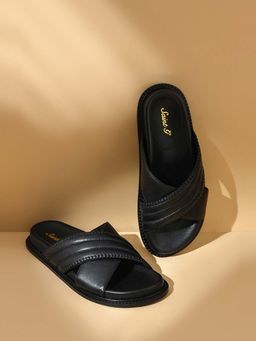 Saint G - Women Padded Cross Strap Black Leather Flats