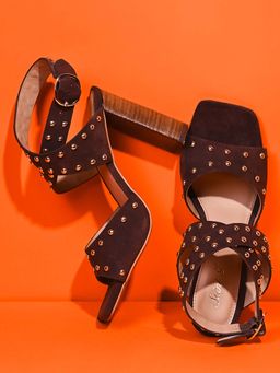 Saint G - Women Studded Brown Suede Leather Block Heels