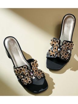 Saint G - Women Stone Embroidered Black Leather Block Heels
