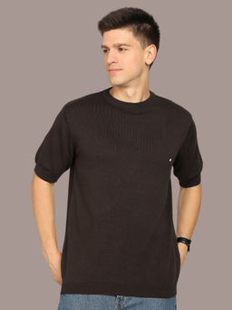CLAPTON - Knitted Cotton Summer Wear Round Neck Half Sleeve Coffee T-Shirt