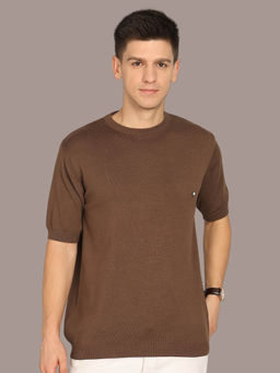 CLAPTON - Knitted Cotton Summer Wear Round Neck Half Sleeve Brown T-Shirt