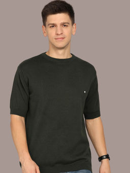 CLAPTON - Knitted Cotton Summer Wear Round Neck Half Sleeve Green T-Shirt