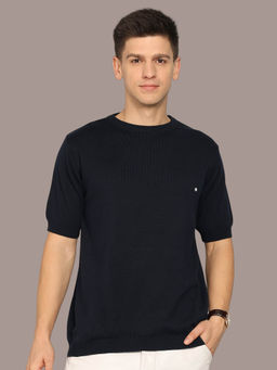 CLAPTON - Knitted Cotton Summer Wear Round Neck Half Sleeve Navy T-Shirt