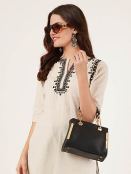 Fabbhue - Womens Black Solid Handheld Handbag with Detachable Strap